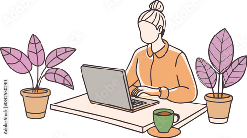 A young woman focused on remote work on her laptop at a desk with plants isolated on transparent background, Vector