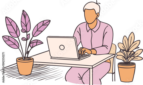A person sits at a desk with potted plants, focusing on work on a laptop computer isolated on transparent background, Vector