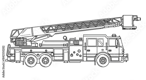 Line drawing illustration of a fire truck with a ladder extended, representing emergency services and fire fighting equipment