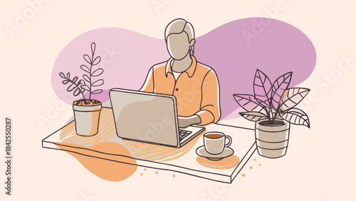 A person working remotely on a laptop at a clean desk with houseplants and coffee isolated on transparent background, Vector