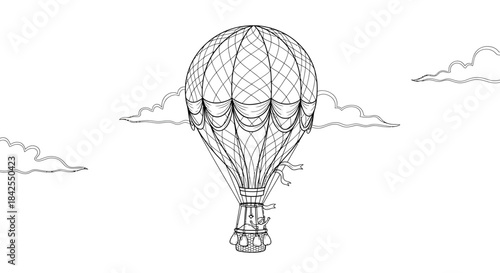 Hot air balloon carrying people against a cloudy sky, a whimsical line art illustration for travel and adventure themes