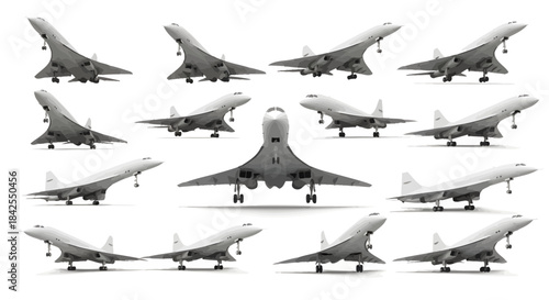 Collection of Concorde supersonic jet aircraft in various flight and landing poses, rendered in 3D