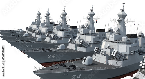 Fleet of Modern Naval Destroyers Lined Up in Formation, Ready for Duty