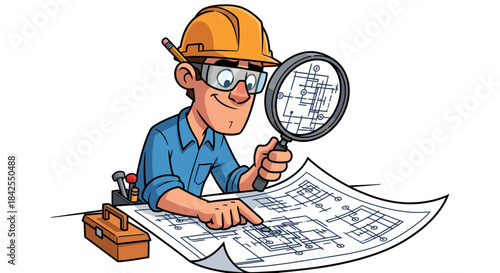 Skilled Engineer Examining Blueprints with Magnifying Glass and Toolbox