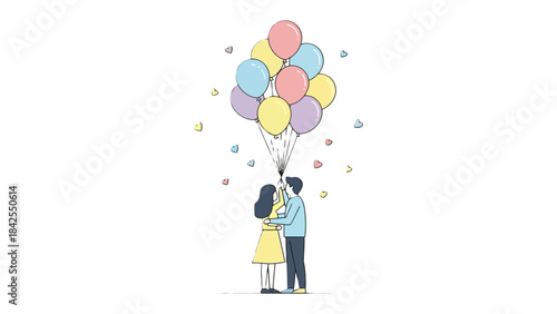 A Moment of Celebration: An illustration captures a tender embrace beneath a vibrant cluster of balloons, symbolizing love, joy, and the beauty of shared moments.