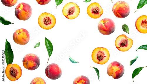 Overhead shot of ripe peaches and leaves arranged against a black background