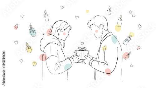 Gift of affection: a tender moment between a couple sharing a gift, symbolizing love and connection, with soft pastel colors and gentle lines.