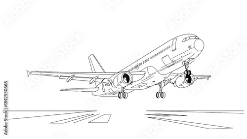 Airplane Taking Off Continuous Line Art – Aircraft Departure from Runway Illustration