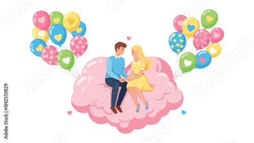 Love in the Clouds: A tender couple sits embraced on a fluffy pink cloud, with vibrant balloons floating around them, symbolizing a love story in a whimsical and joyful realm.