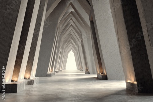 Futuristic interior corridor with concrete walls, geometric design, and a bright light at the end, creating a sense of depth and dimension.