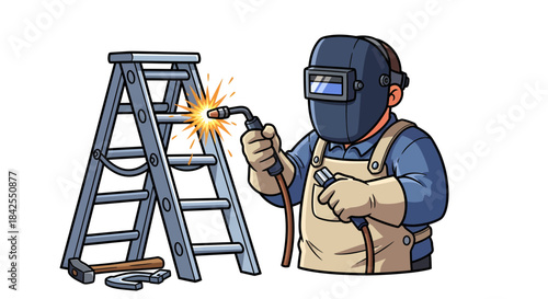 Welder working on a ladder using a welding torch, sparks flying, industrial worker illustration