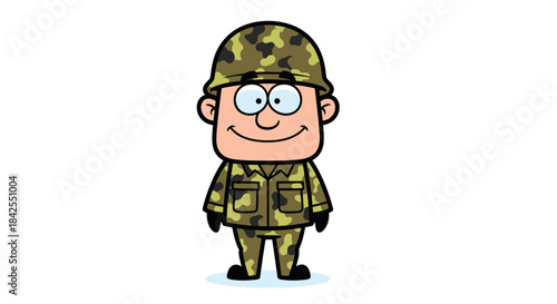 Cartoon Soldier in Camouflage Uniform and Helmet Standing and Smiling