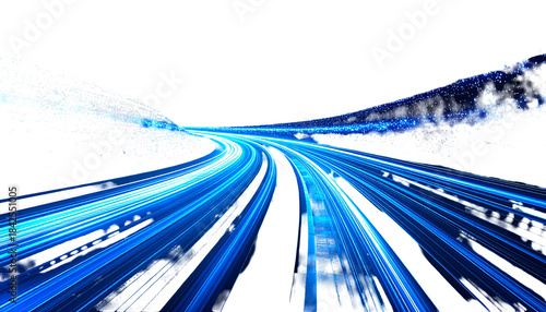 Abstract blue light trails curving toward a distant point, suggesting speed and technology