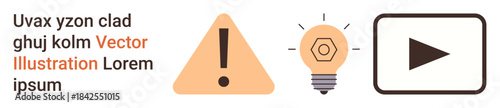 Education, ideas, caution, digital content, video production, user interfaces. Exclamation icon, bulb with hexagon play symbol. Caution and ideas creativity and alertness