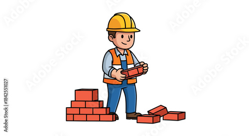 Happy cartoon construction worker in a yellow hard hat and safety vest, holding a brick and preparing to build, surrounded by a stack of red bricks, symbolizing labor and masonry work