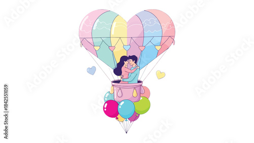 Soaring in Love: A person in love ascends towards the sky in a hot air balloon shaped like a heart, symbolizing the journey of love, floating among cheerful balloons and soft pastels.