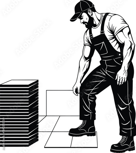 Construction Worker Installing Tiles Vector