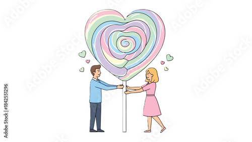 Love's Sweet Embrace: A heartwarming illustration depicts a couple sharing a giant lollipop in the shape of a heart, symbolizing their affection and the sweetness of their bond.