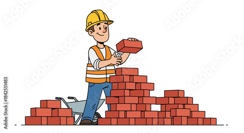 Diligent cartoon construction worker in a safety helmet and vest, expertly laying bricks to build a strong wall on a white background, representing craftsmanship and progress in construction