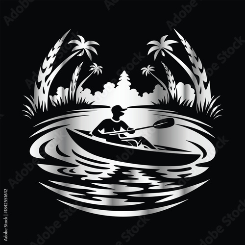 Adventure kayaking logo design.Vector illustration on black background.
Adventure kayaking logo design.kayak on the lake, mountains silhouette in the circle, vector illustration
