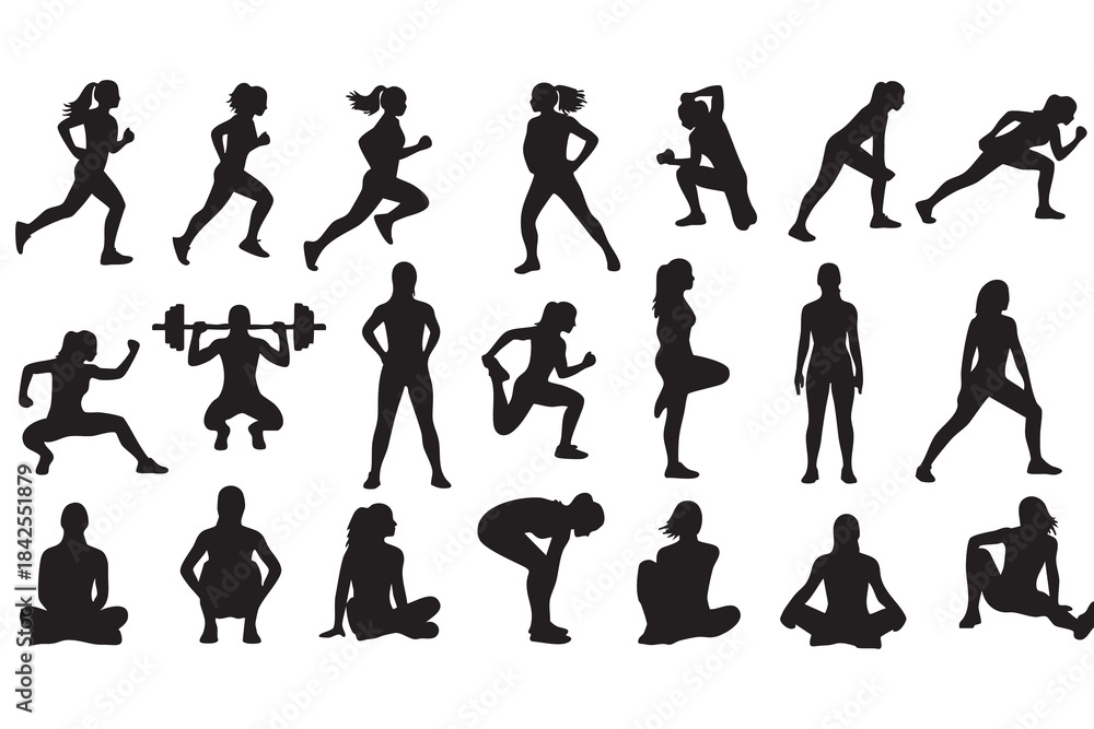 Fototapeta premium Fitness Silhouette Bundle Male & Female Workout Gym Yoga Exercise Vector Set