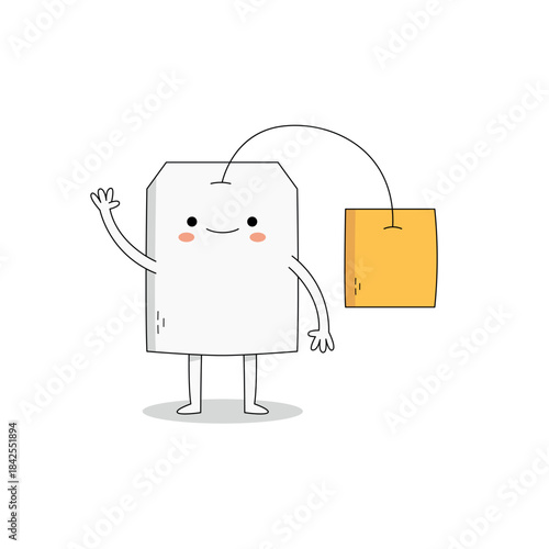 Cute tea bag cartoon character waving hand hi doodle