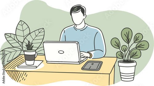 Minimalist illustration of a person working remotely on a laptop at a desk with plants isolated on transparent background, Vector