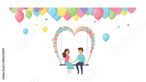 Love's Embrace in the Sky: A tender couple sits together on a heart-shaped swing, surrounded by floating balloons, an emblem of romance and togetherness.