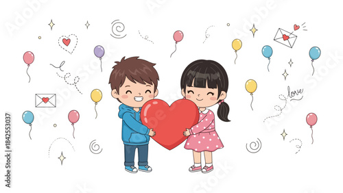 Romantic Illustration of Love: Two joyful children, representing youthful romance, lovingly embrace a large, heart-shaped symbol of affection, surrounded by floating balloons and symbols of love.