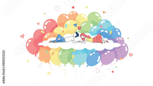 Love Cloudscape: A tender moment unfolds amidst a vibrant rainbow of balloons, as a couple finds solace on a fluffy cloud, their connection marked by heart-shaped tokens of affection.