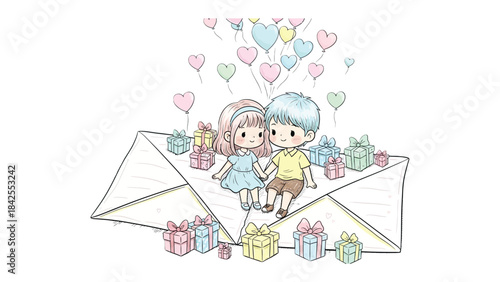 Love's Delivery: A tender illustration depicts a couple seated atop an envelope, surrounded by gifts and heart-shaped balloons, symbolizing the arrival of affection and joy.