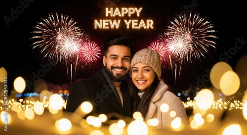 A young couple celebrates new year party indoors at night, holding sparklers as warm fairy lights glow softly in the background.