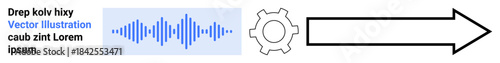 Audio waveform transitioning through a gear to an arrow symbolizing sound analysis, processing, and flow. Ideal for technology, artificial intelligence, sound design, automation, digital tools