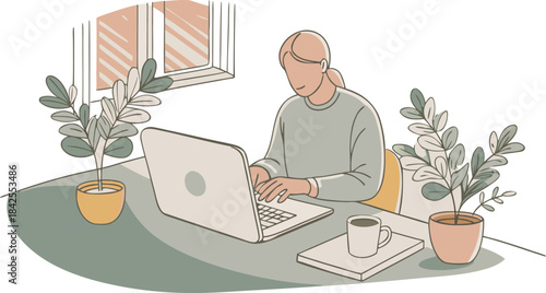 A person in a cozy minimalist home office working productively on a laptop isolated on transparent background, Vector