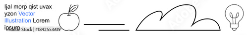 Innovation, creativity, brainstorming, idea generation, education, conceptual thinking. Minimalistic apple, cloud and light bulb icons linked together. Creativity and innovation concept
