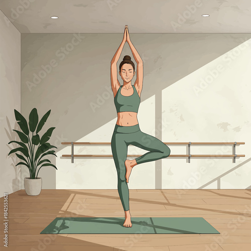 Woman practicing Tree Pose yoga on a mat in a bright studio with ballet barre