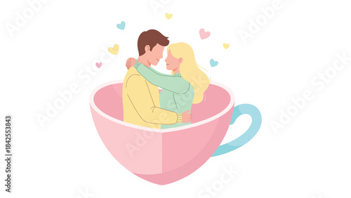 Affectionate Moments in a Teacup: Two figures share a tender embrace, nestled in a charming teacup, surrounded by delicate hearts, symbolizing affection and intimacy. 