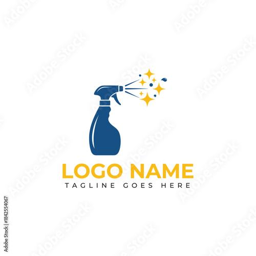 Cleaning service logo with spray bottle and sparkling stars