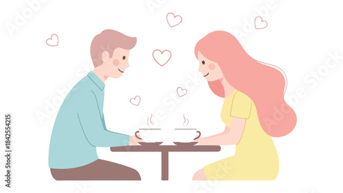 Coffee Date Illustration: A couple enjoys an intimate coffee date, their eyes locked in a shared moment, while delicate hearts float in the air, symbolizing the blossoming of affection and love.
