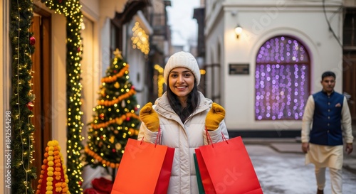 A stylish young woman in a red santa hat happily holds multiple shopping bags on christmas festival