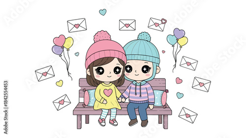 Heartfelt Union: Animated couple, bathed in the warmth of affection, tenderly seated on a bench, surrounded by tokens of love. A tender scene, whispering tales of love and adoration.