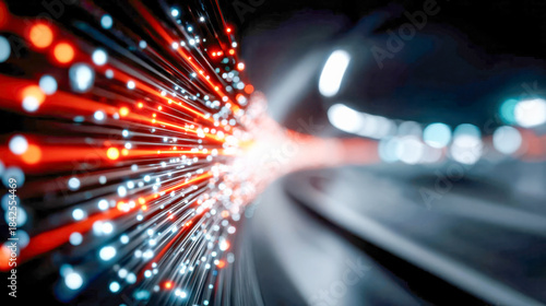 Dynamic abstract tunnel of red and white fiber-optic lights representing high-speed data transmission
