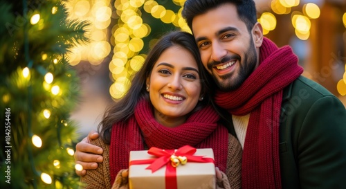 Romantic couple in cozy winter outfits sharing a gift outdoors, surrounded by glowing Christmas lights and festive bokeh.