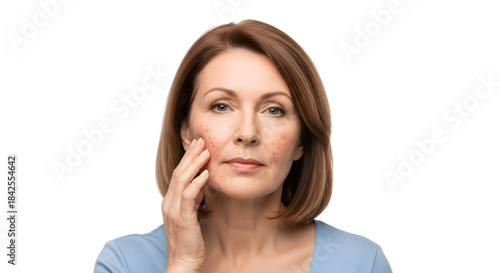 Concerned middleaged woman touching red irritated skin on her cheek.
