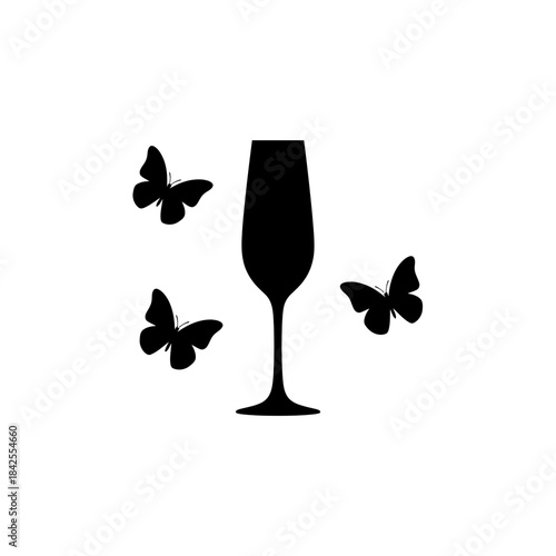 Champagne glass with butterflies silhouette vector illustration