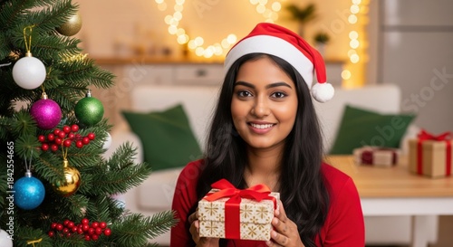 Young woman in a Santa outfit smiles while presenting a golden gift box beside a snow-dusted, glowing Christmas tree at night.