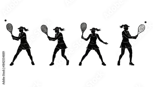 Set of four female tennis player silhouettes in various serving and hitting poses