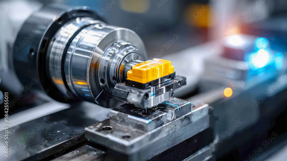 Fototapeta premium High-precision CNC lathe machine processing a metal component, showcasing advanced manufacturing, engineering accuracy, and industrial technology