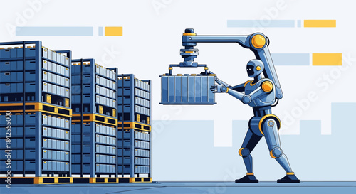 Futuristic warehouse automation: robotic arm lifting and transporting goods in a modern warehouse