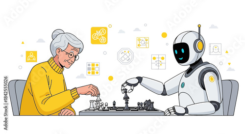 Grandma's intellect versus the digital age: A stylized chess match between an elderly woman and a